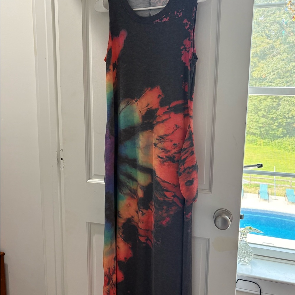 Sleeveless Black Maxi Dress with Multicolor Tie-Dye Accents